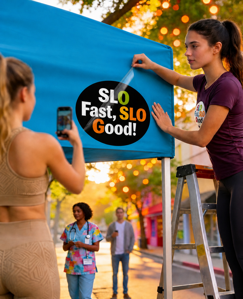 Full-color printed logo graphic applied to an awning