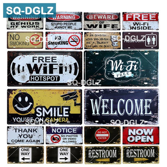 Welcome/WIFI License Plate Store Wall Decor Restrooms Tin Sign Vintage Road Guide Metal Sign Painting Plaques Poster